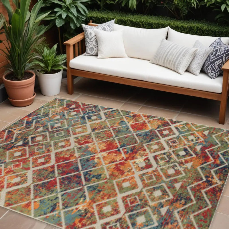 8' X 10' Red And Ivory Geometric Non Skid Indoor Outdoor Area Rug Homeroots Outdoor