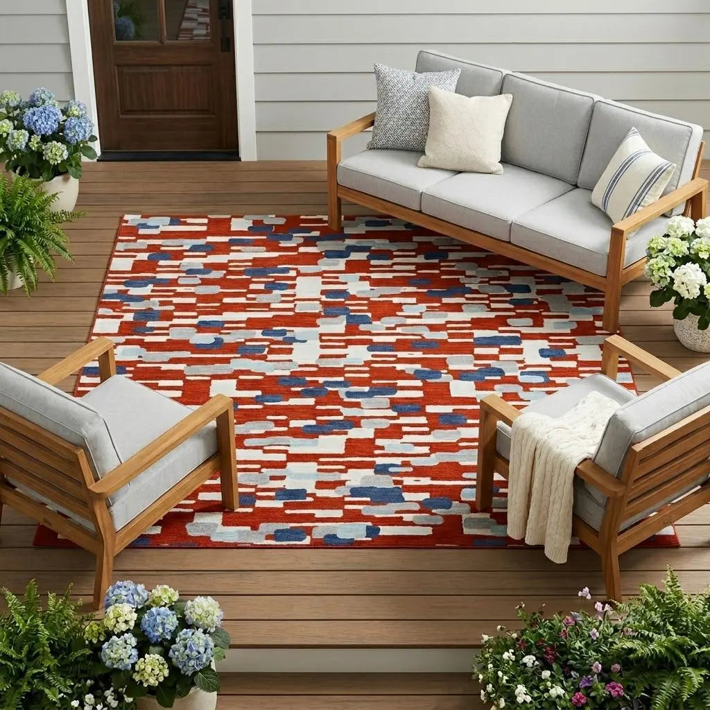 8' X 10' Red And Silver Geometric Washable Indoor Outdoor Area Rug Homeroots Outdoor