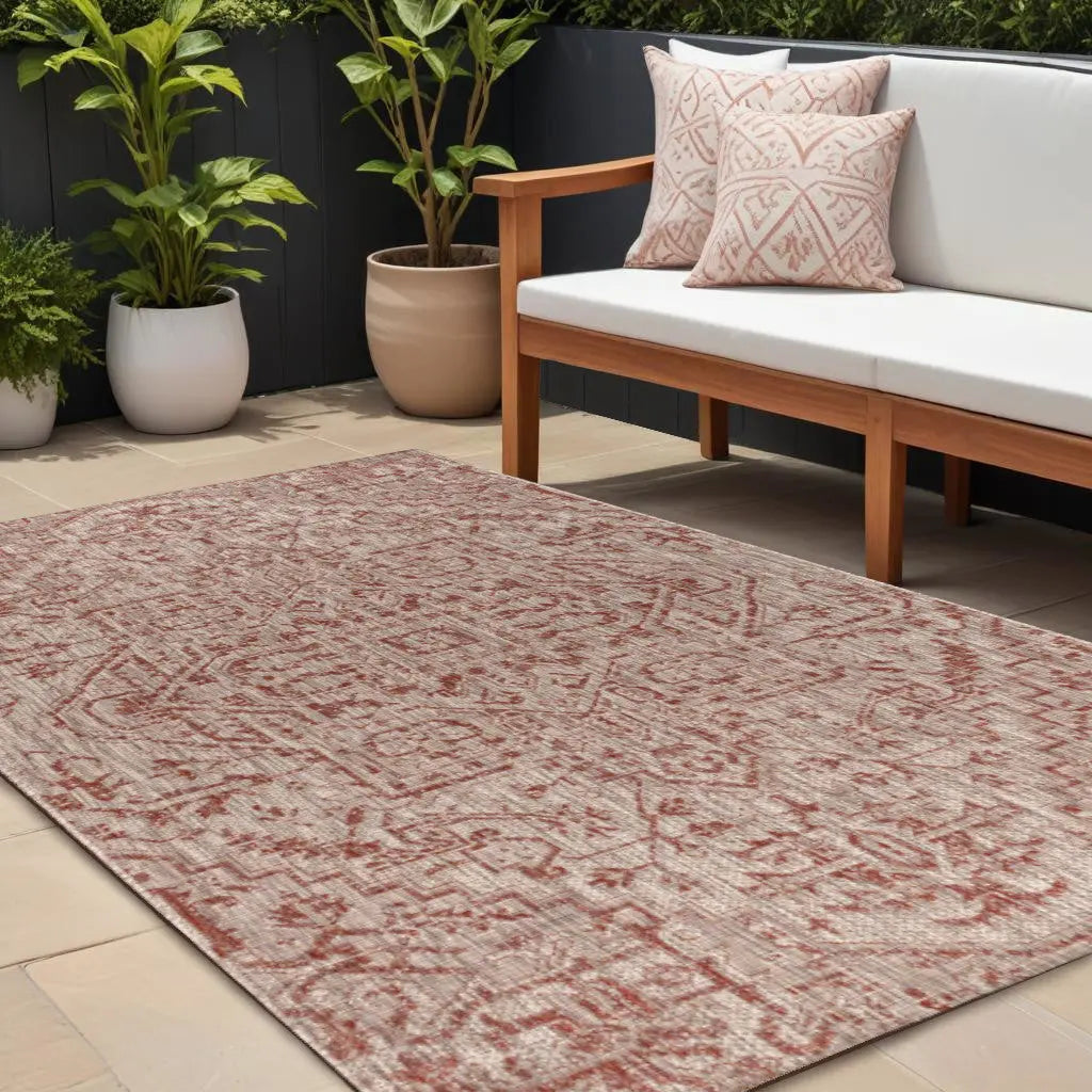 8' X 10' Red And Taupe Medallion Indoor Outdoor Area Rug Homeroots Outdoor