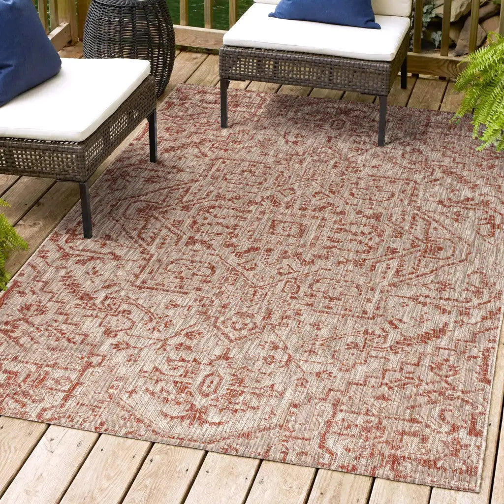 8' X 10' Red And Taupe Medallion Indoor Outdoor Area Rug Homeroots Outdoor