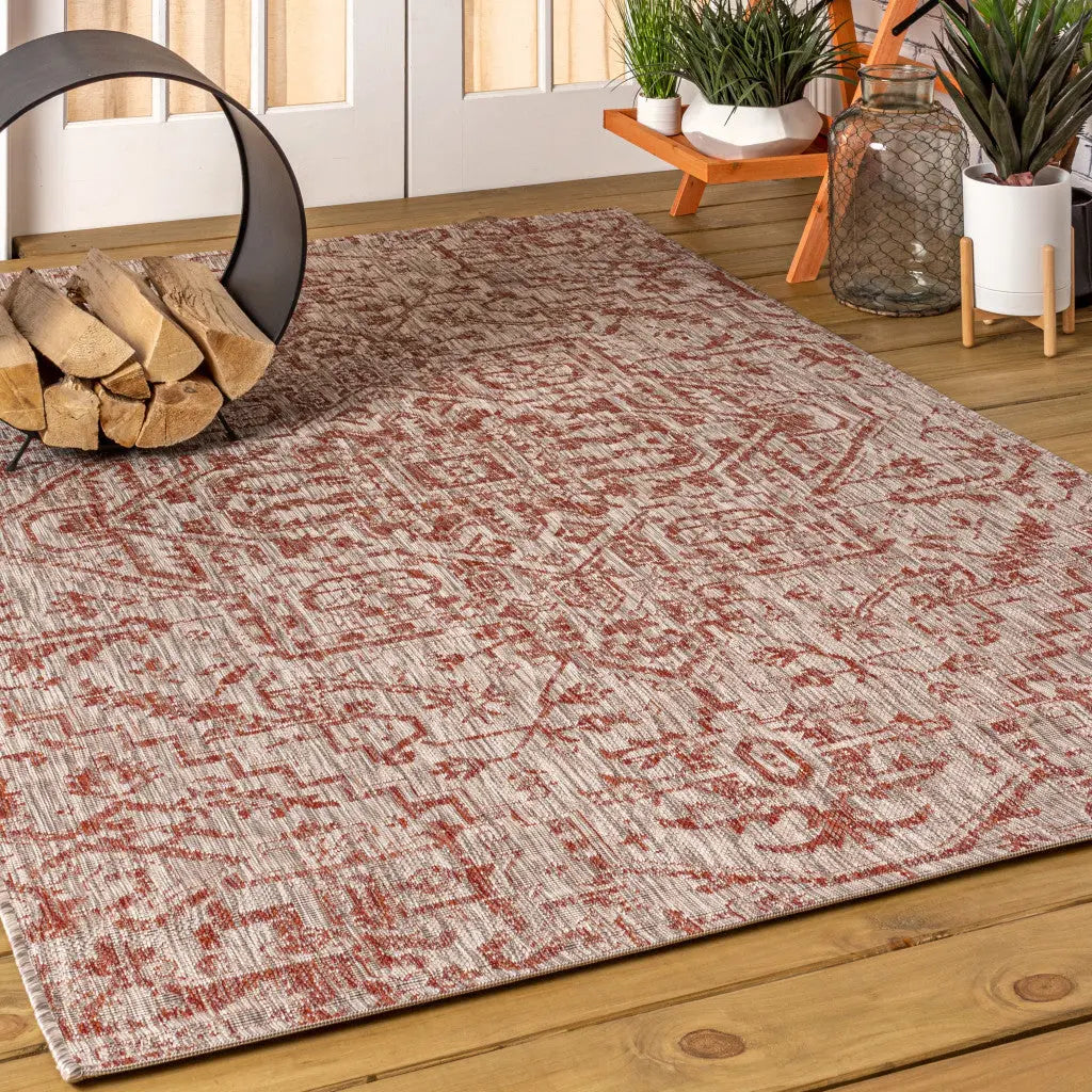 8' X 10' Red And Taupe Medallion Indoor Outdoor Area Rug Homeroots Outdoor