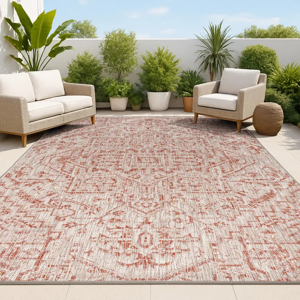 8' X 10' Red And Taupe Medallion Indoor Outdoor Area Rug Homeroots Outdoor