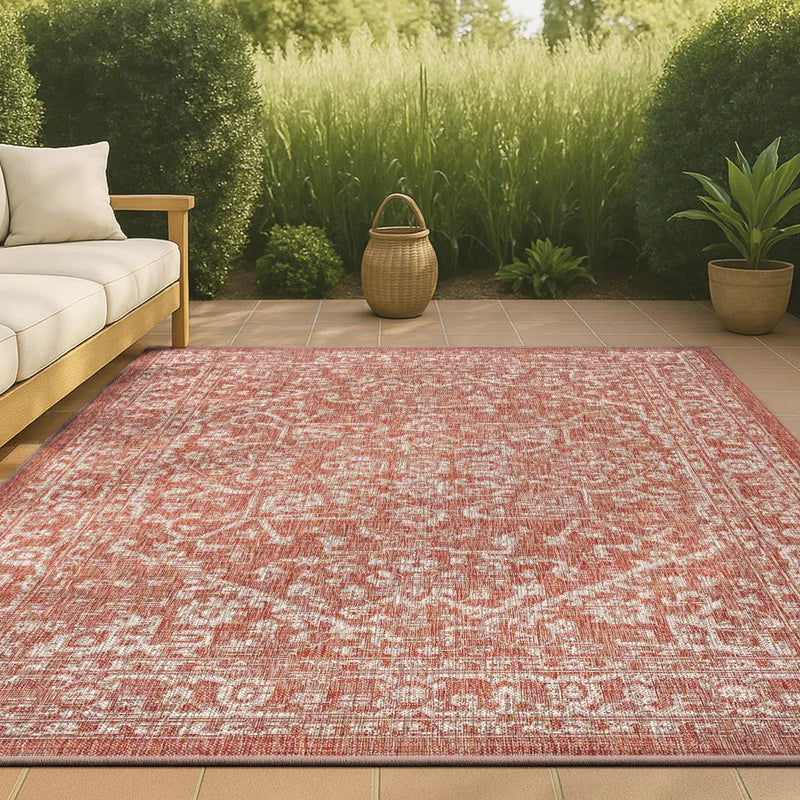 8' X 10' Red And Taupe Medallion Indoor Outdoor Area Rug Homeroots Outdoor