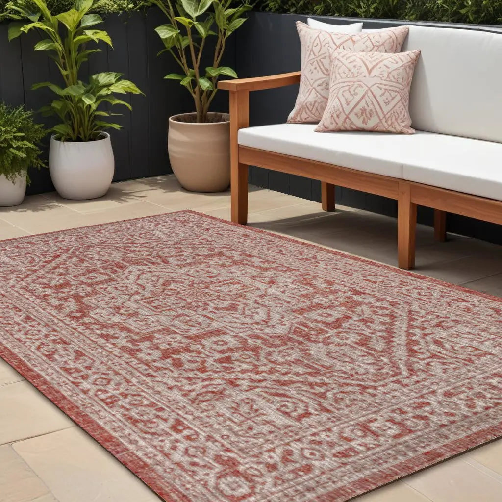 8' X 10' Red And Taupe Medallion Indoor Outdoor Area Rug Homeroots Outdoor