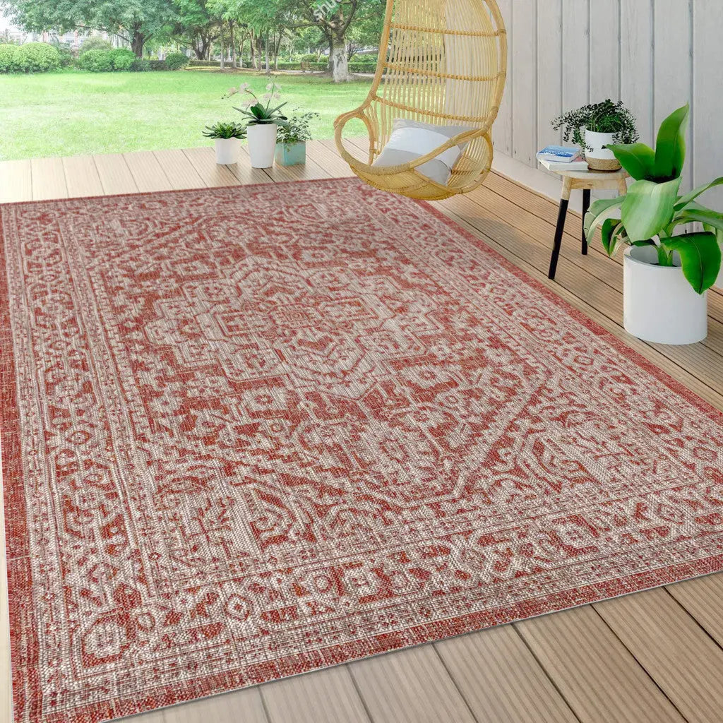 8' X 10' Red And Taupe Medallion Indoor Outdoor Area Rug Homeroots Outdoor
