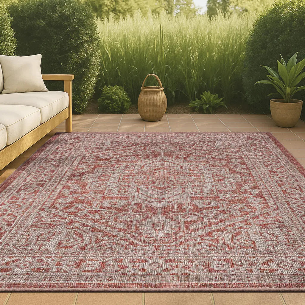 8' X 10' Red And Taupe Medallion Indoor Outdoor Area Rug Homeroots Outdoor