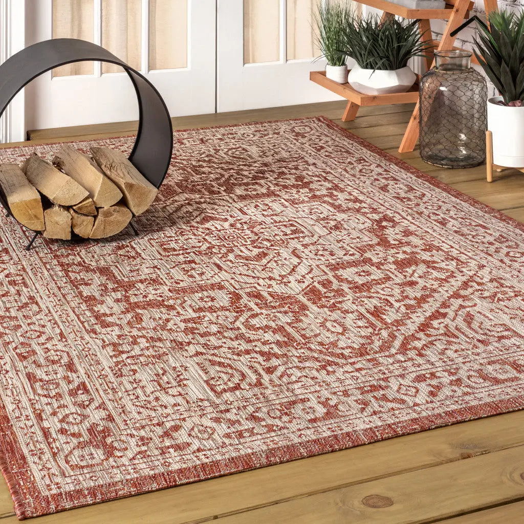 8' X 10' Red And Taupe Medallion Indoor Outdoor Area Rug Homeroots Outdoor