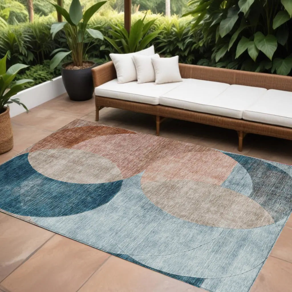 8' X 10' Rust Beige And Teal Blue Geometric Washable Indoor Outdoor Area Rug Homeroots Outdoor