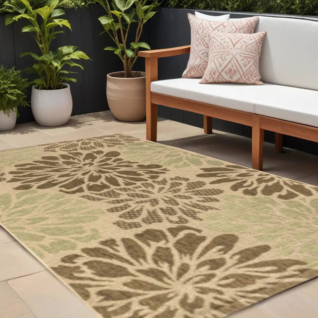 8' X 10' Sage And Brown Floral Indoor Outdoor Area Rug Homeroots Outdoor