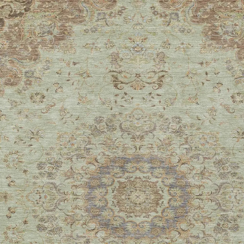 8' X 10' Sage And Brown Floral Medallion Washable Indoor Outdoor Area Rug Homeroots Outdoor