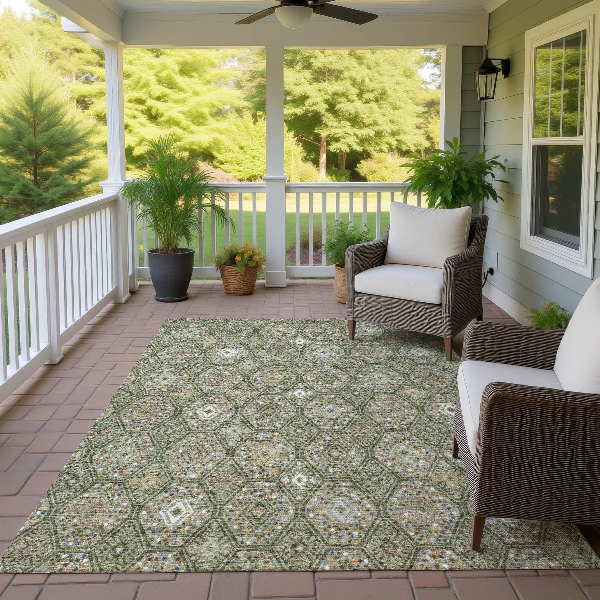 8' X 10' Sage And Green Geometric Washable Indoor Outdoor Area Rug Homeroots Outdoor