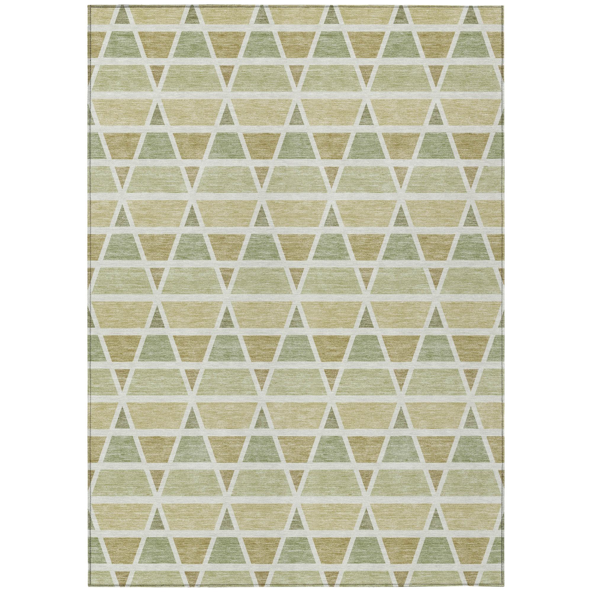 Geometric green and beige triangle patterned area rug, perfect for modern and minimalist decor.