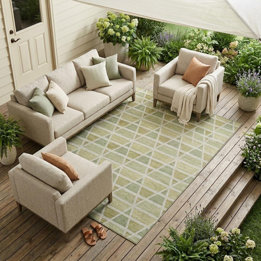 Light beige outdoor sofa set with green geometric rug, soft pillows, and stylish throw on a wooden deck with greenery.