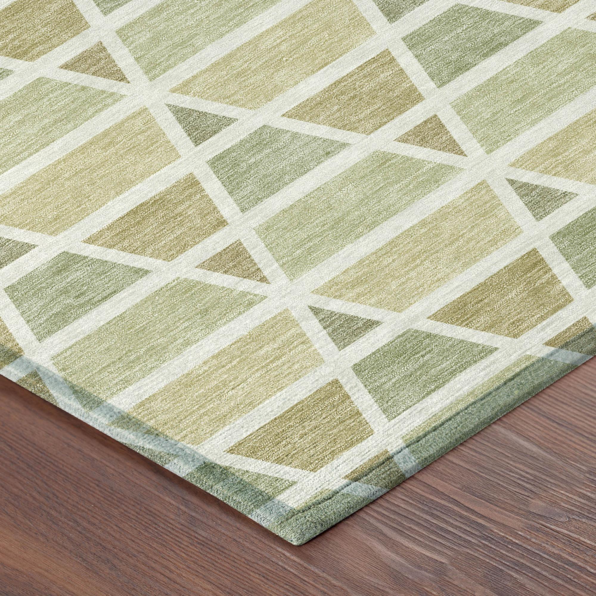 Green and beige geometric area rug with a modern pattern, perfect for contemporary interiors.
