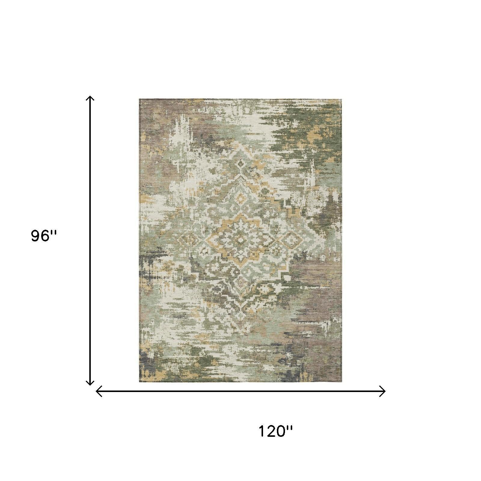 8' X 10' Sage And Green Medallion Washable Indoor Outdoor Area Rug Homeroots Outdoor