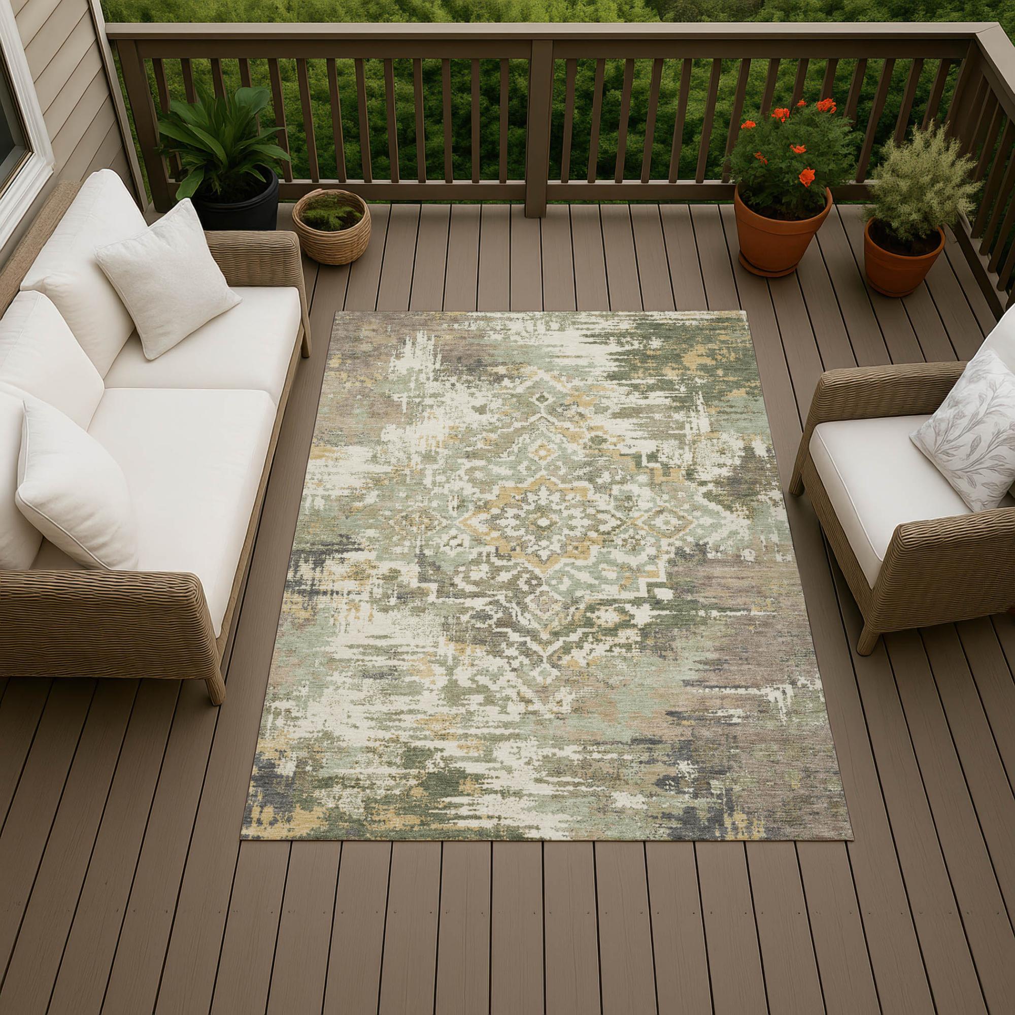 8' X 10' Sage And Green Medallion Washable Indoor Outdoor Area Rug Homeroots Outdoor