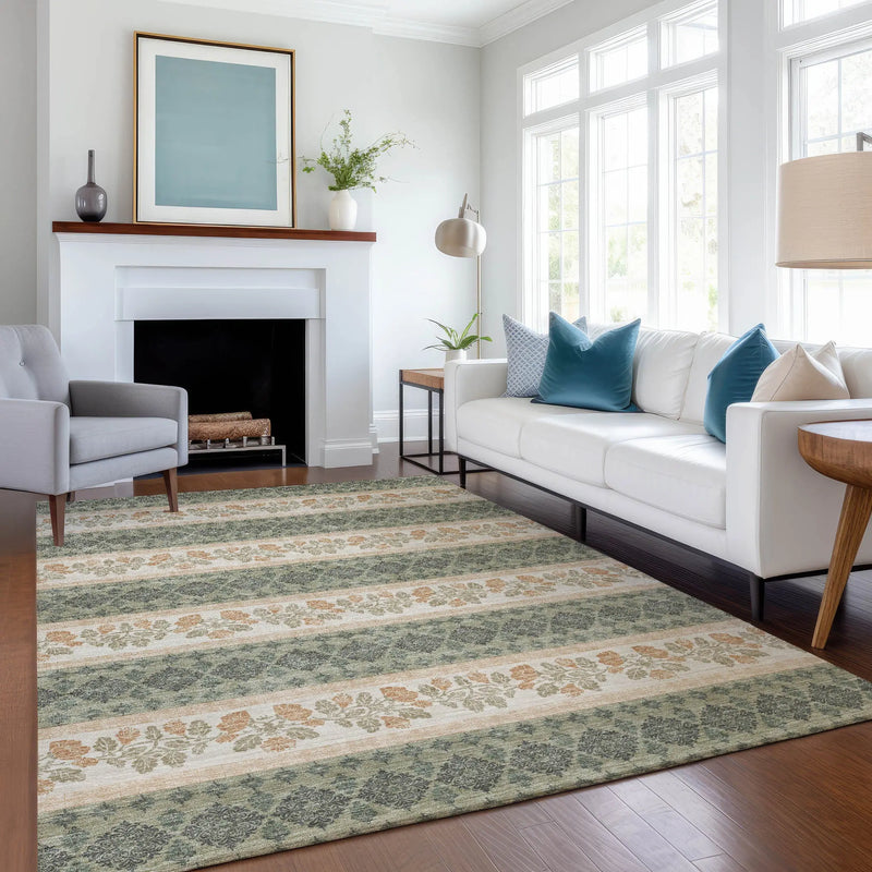 8' X 10' Sage And Ivory Striped Washable Indoor Outdoor Area Rug Homeroots Outdoor