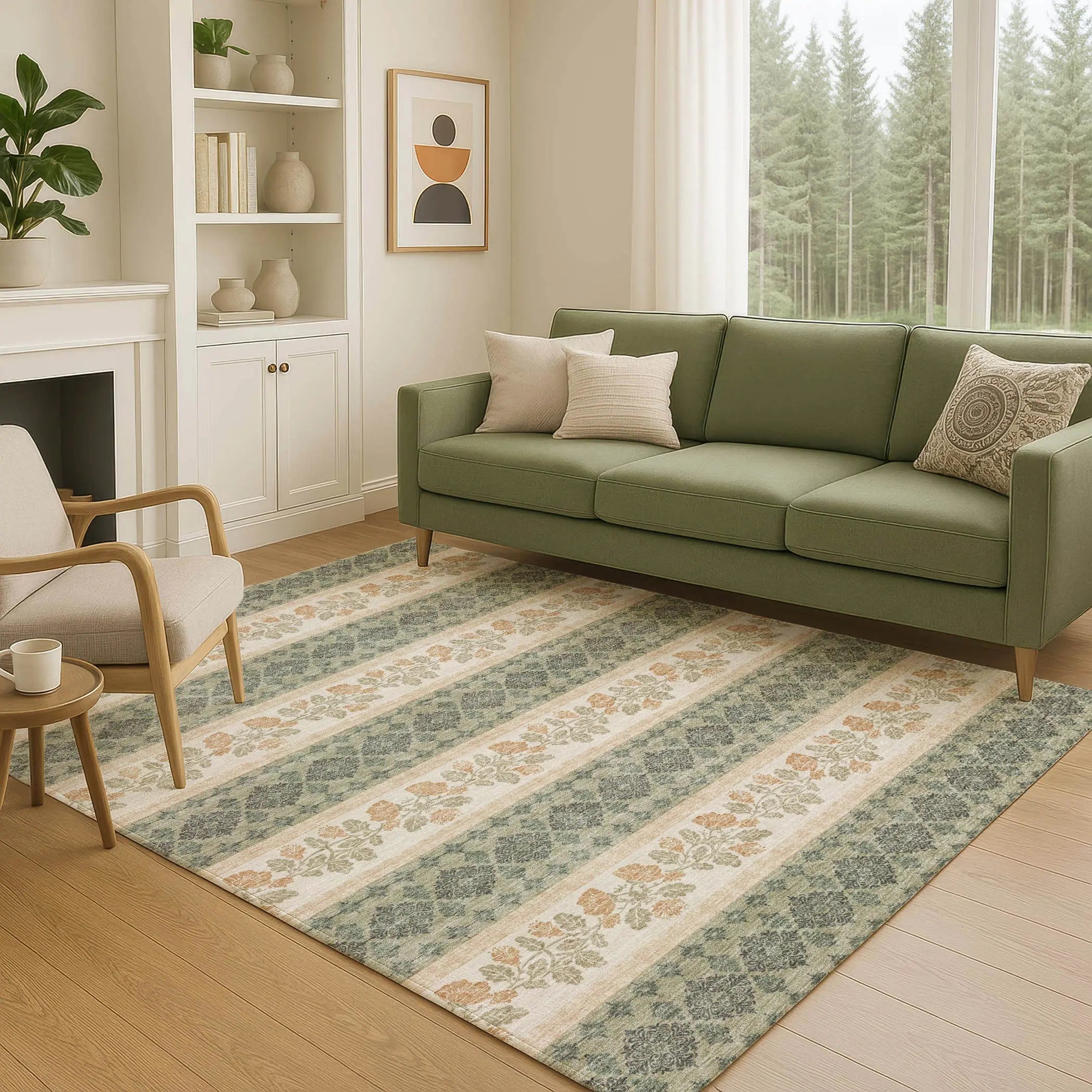 8' X 10' Sage And Ivory Striped Washable Indoor Outdoor Area Rug Homeroots Outdoor