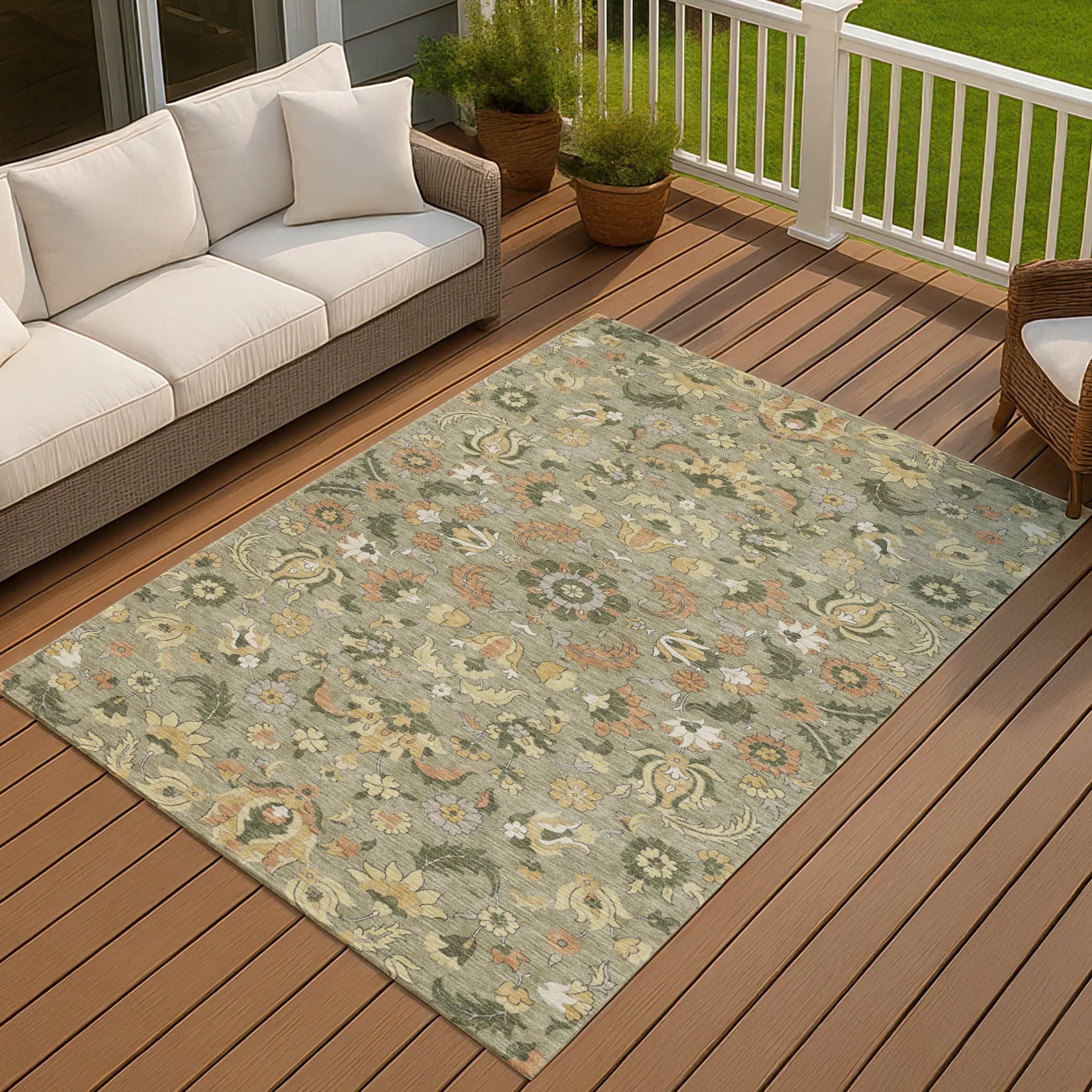 8' X 10' Sage And Olive Green Floral Medallion Washable Indoor Outdoor Area Rug Homeroots Outdoor