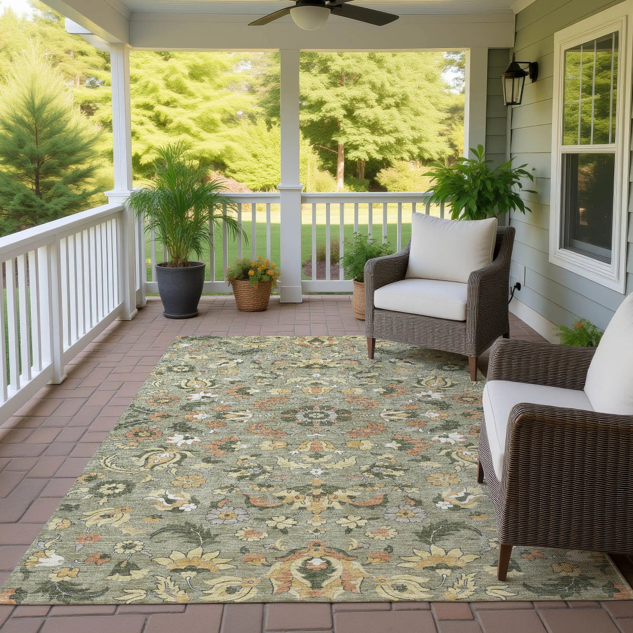 8' X 10' Sage And Olive Green Floral Medallion Washable Indoor Outdoor Area Rug Homeroots Outdoor