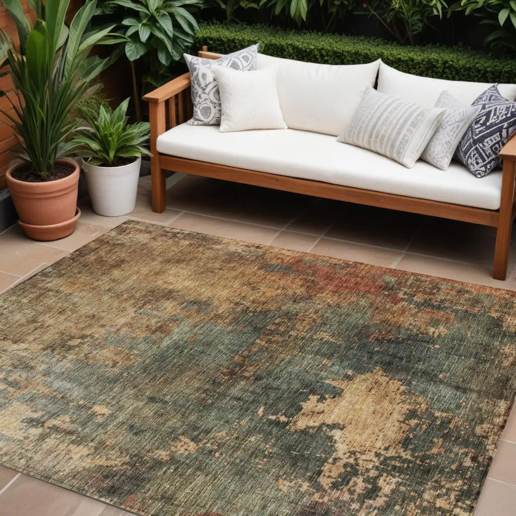 8' X 10' Sage Tan And Copper Abstract Washable Indoor Outdoor Area Rug Homeroots Outdoor