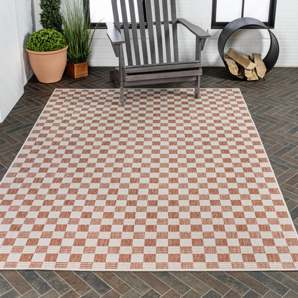 8' X 10' Salmon And Cream Geometric Indoor Outdoor Area Rug - GreatEagleInc