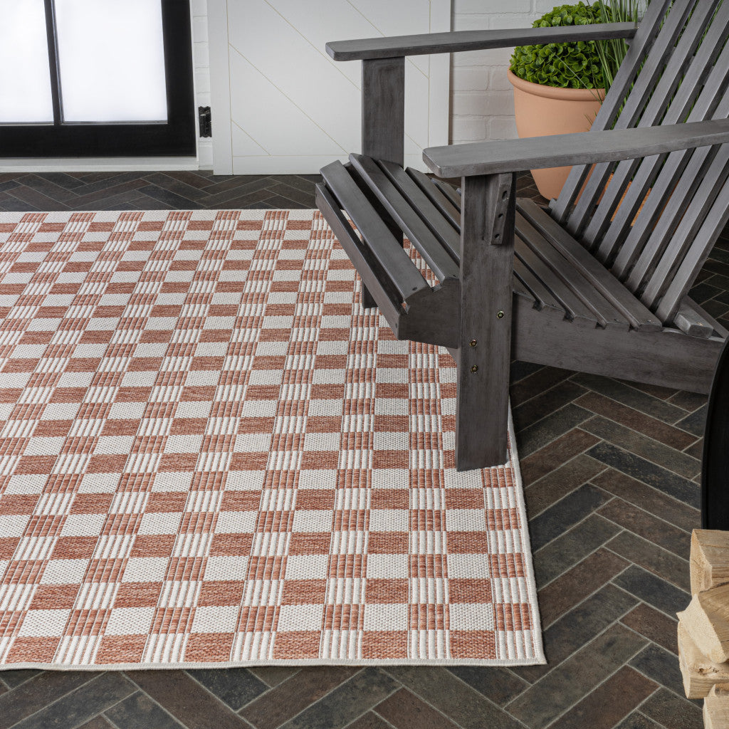8' X 10' Salmon And Cream Geometric Indoor Outdoor Area Rug - GreatEagleInc