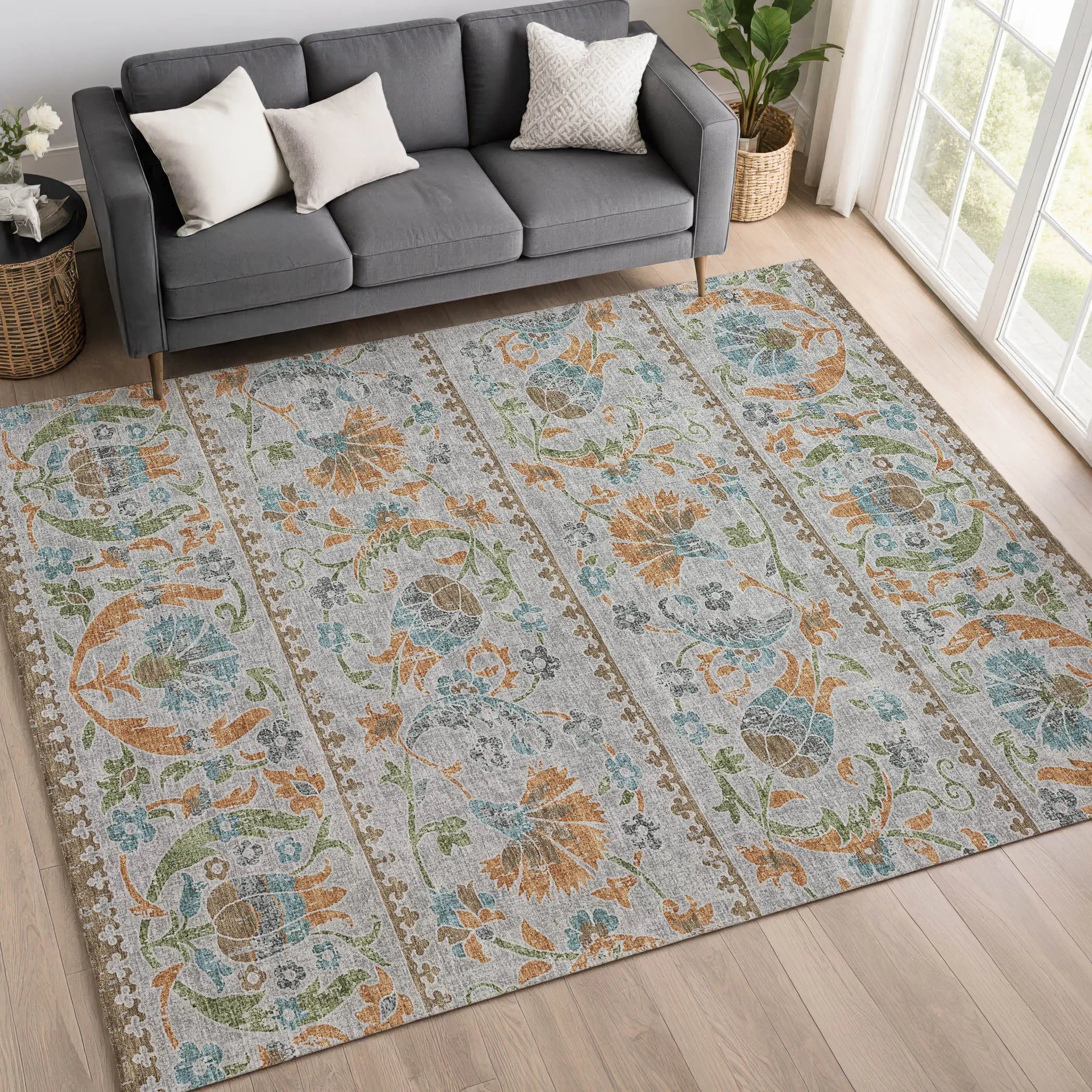 8' X 10' Silver And Brown Floral Washable Indoor Outdoor Area Rug Homeroots Outdoor