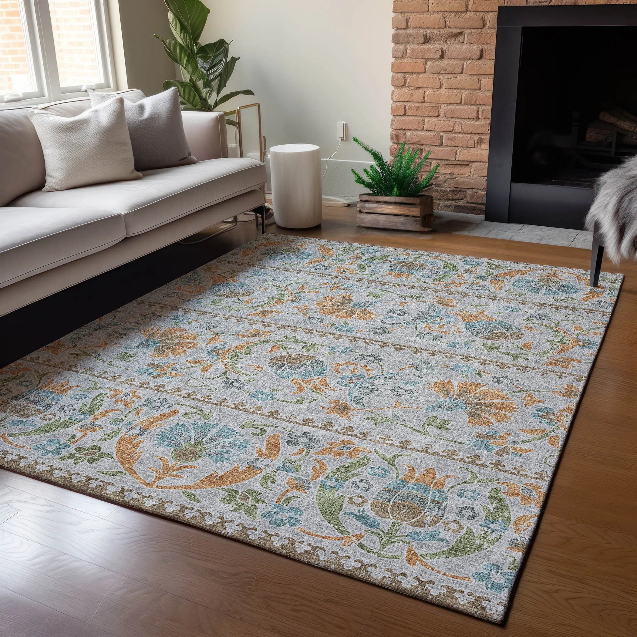 8' X 10' Silver And Brown Floral Washable Indoor Outdoor Area Rug Homeroots Outdoor