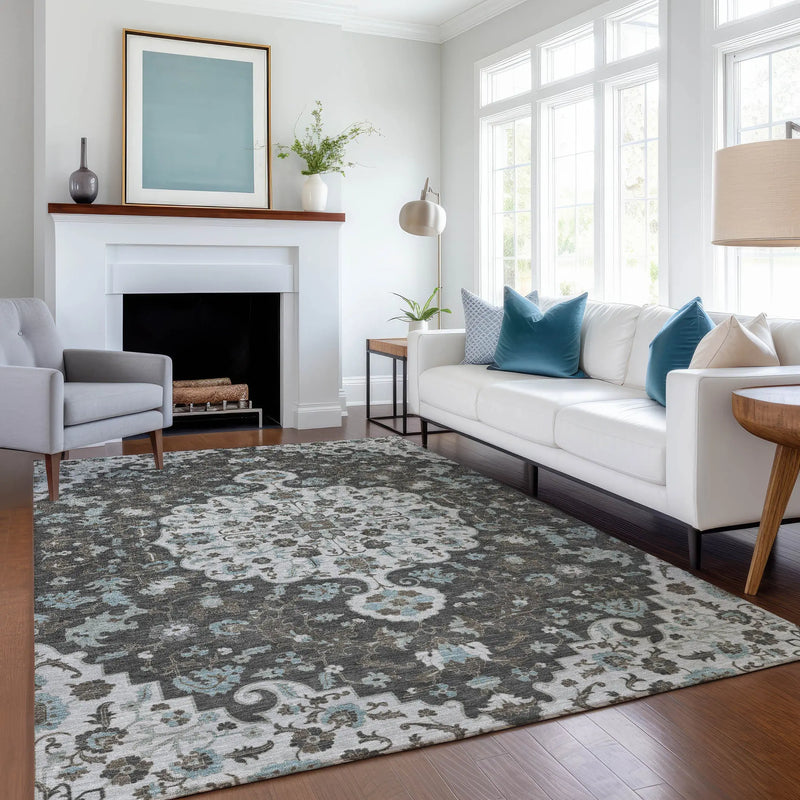 8' X 10' Silver And Charcoal Floral Medallion Washable Indoor Outdoor Area Rug Homeroots Outdoor