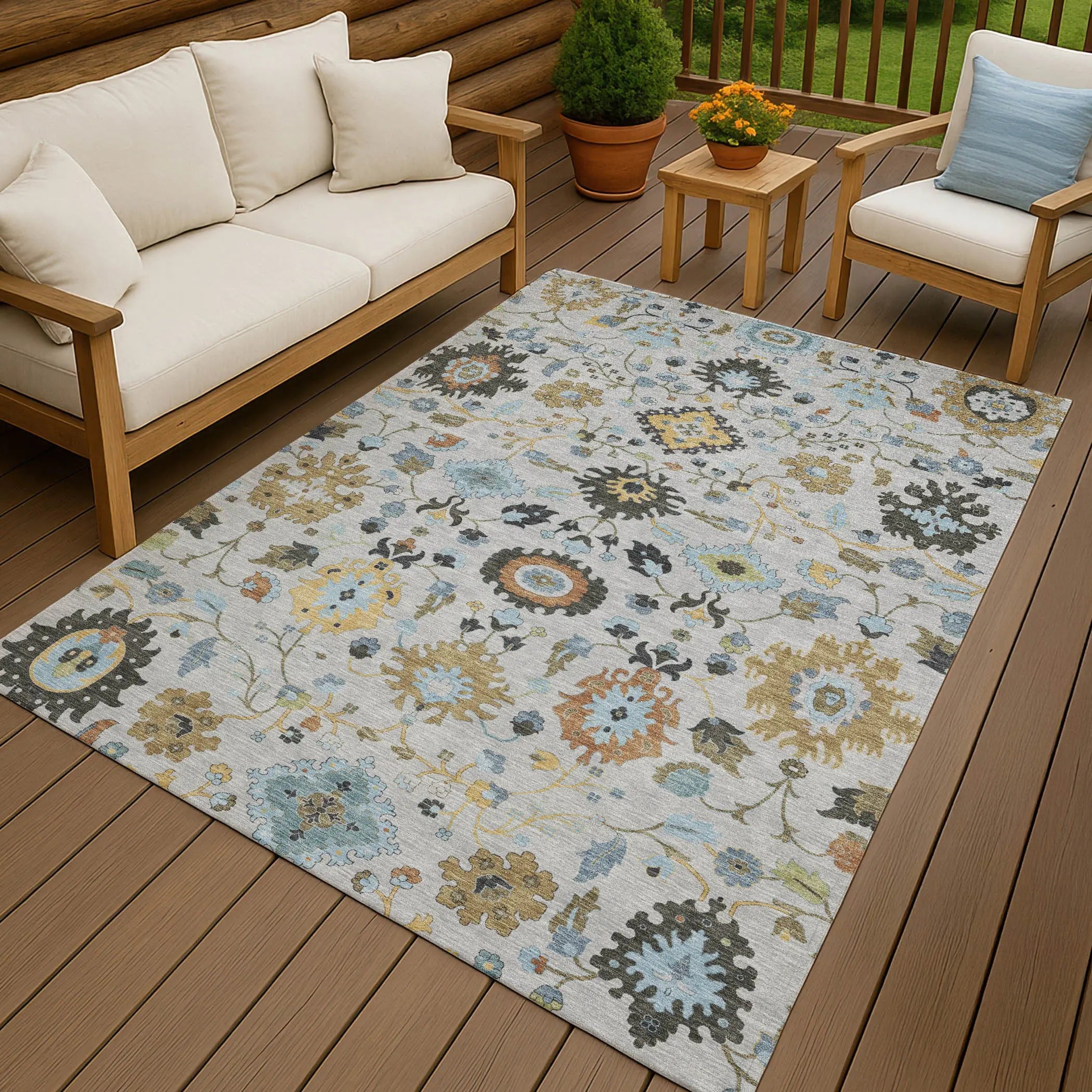 8' X 10' Silver And Charcoal Floral Medallion Washable Indoor Outdoor Area Rug Homeroots Outdoor