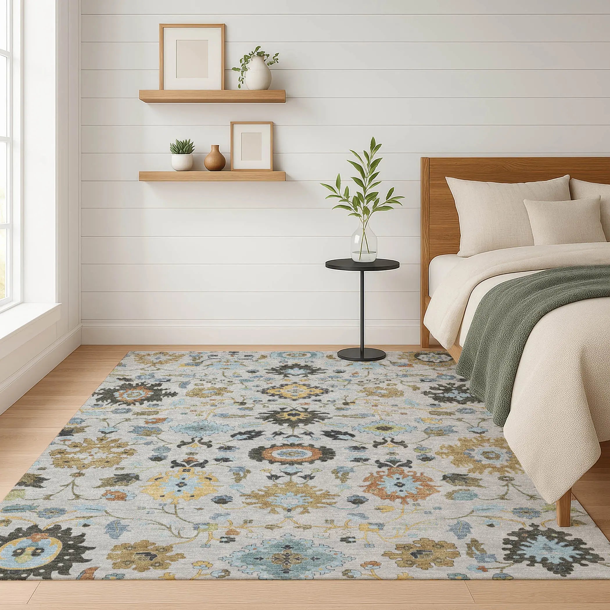 8' X 10' Silver And Charcoal Floral Medallion Washable Indoor Outdoor Area Rug Homeroots Outdoor