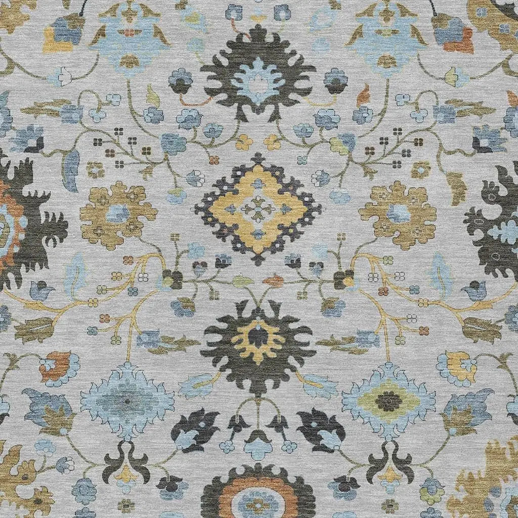 8' X 10' Silver And Charcoal Floral Medallion Washable Indoor Outdoor Area Rug Homeroots Outdoor