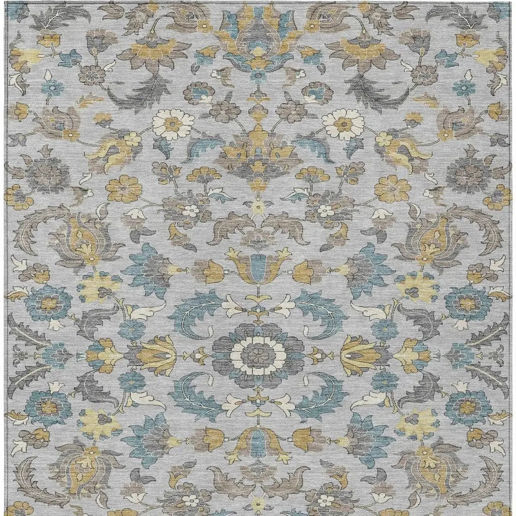 8' X 10' Silver And Gray Floral Medallion Washable Indoor Outdoor Area Rug Homeroots Outdoor