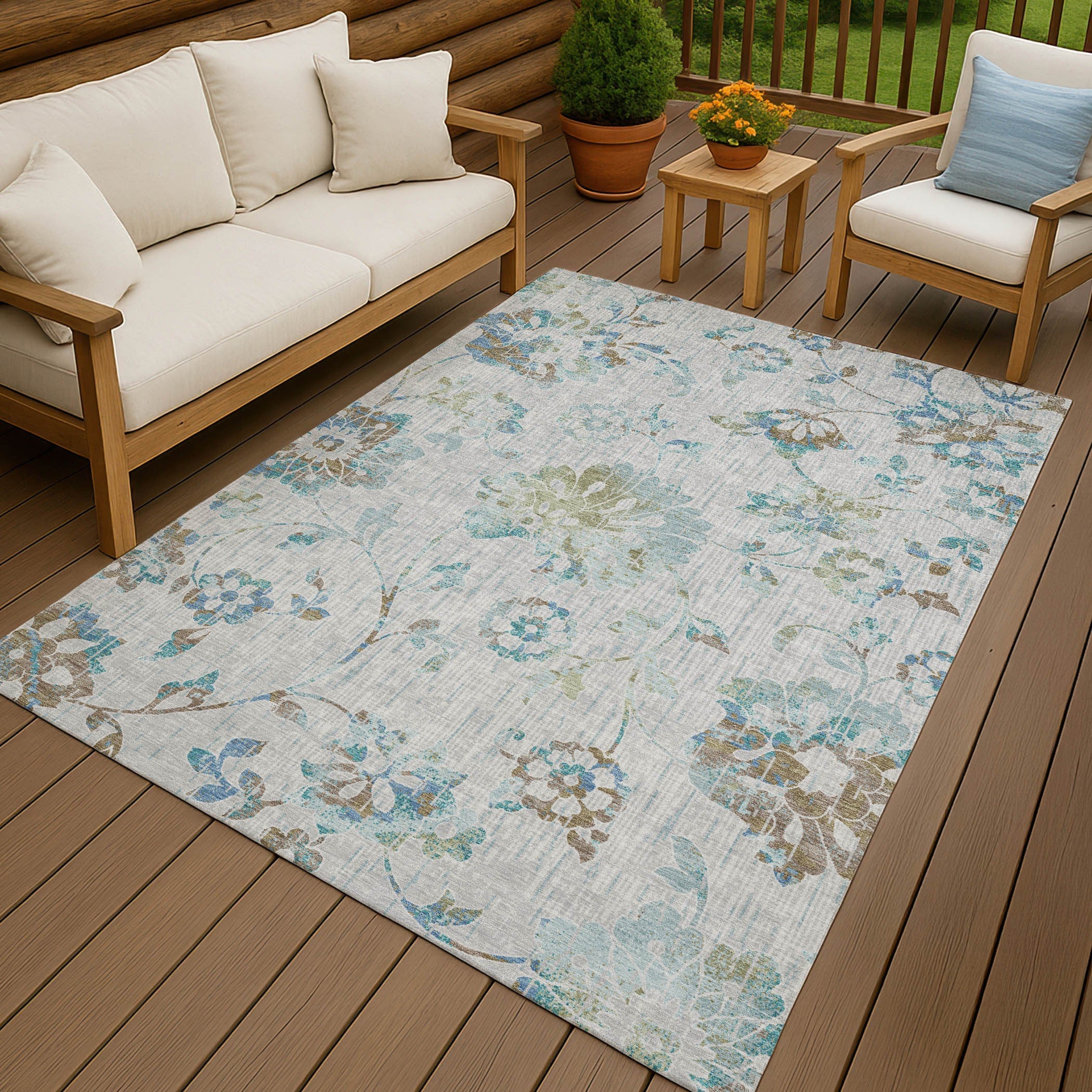 8' X 10' Silver And Gray Floral Washable Indoor Outdoor Area Rug Homeroots Outdoor