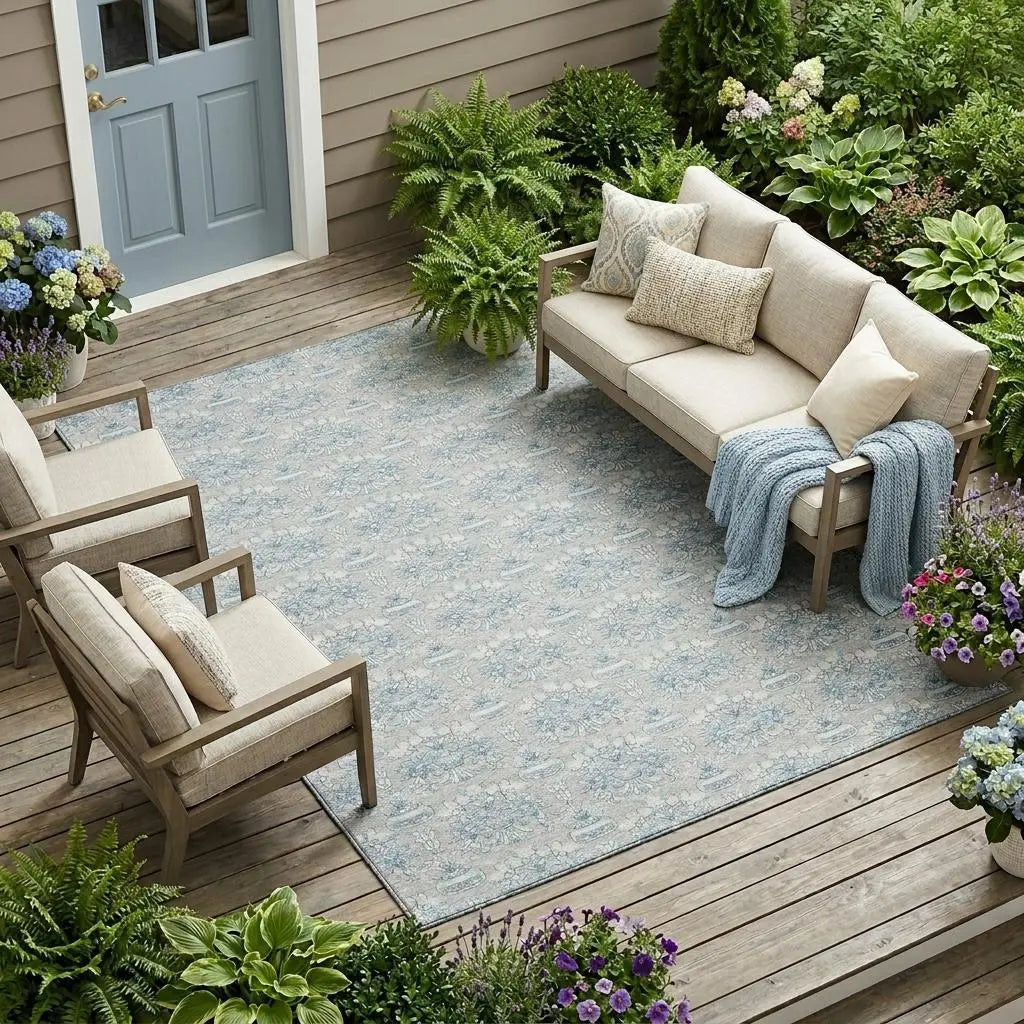 8' X 10' Silver And Gray Floral Washable Indoor Outdoor Area Rug Homeroots Outdoor