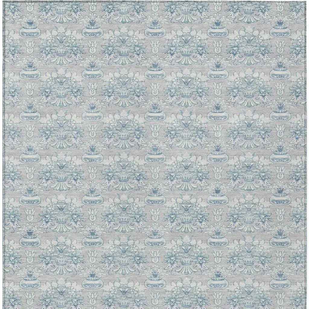 8' X 10' Silver And Gray Floral Washable Indoor Outdoor Area Rug Homeroots Outdoor