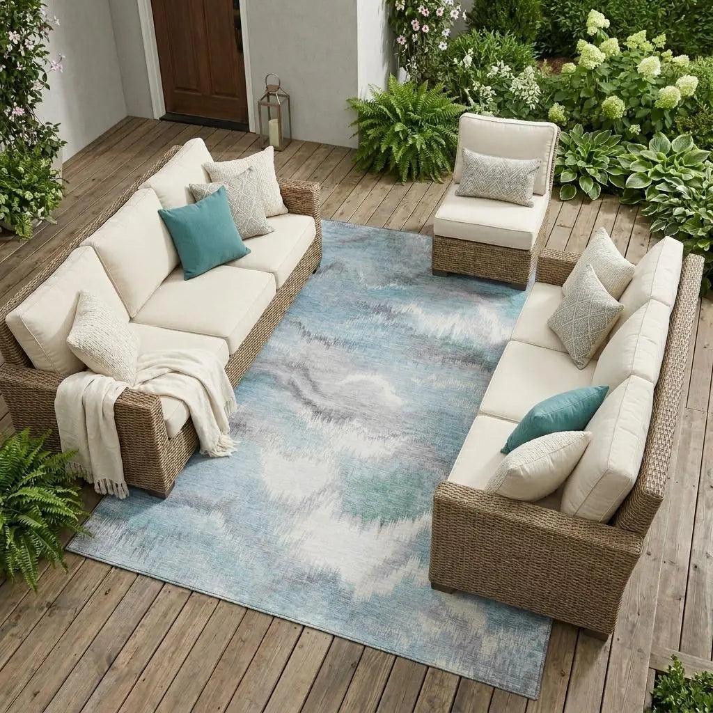 8' X 10' Sky Blue And Blue Abstract Washable Indoor Outdoor Area Rug Homeroots Outdoor