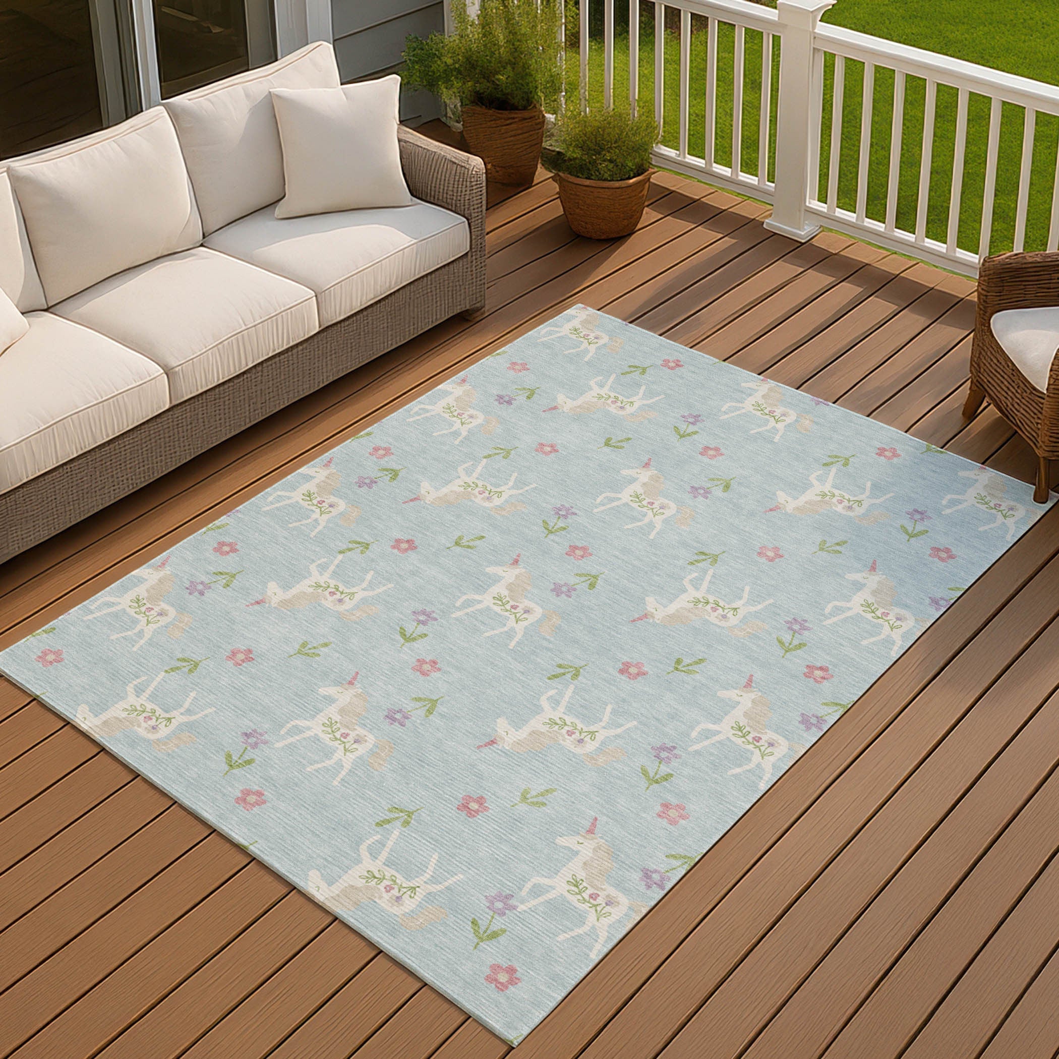 8' X 10' Sky Blue And Blue Floral Washable Indoor Outdoor Area Rug Homeroots Outdoor