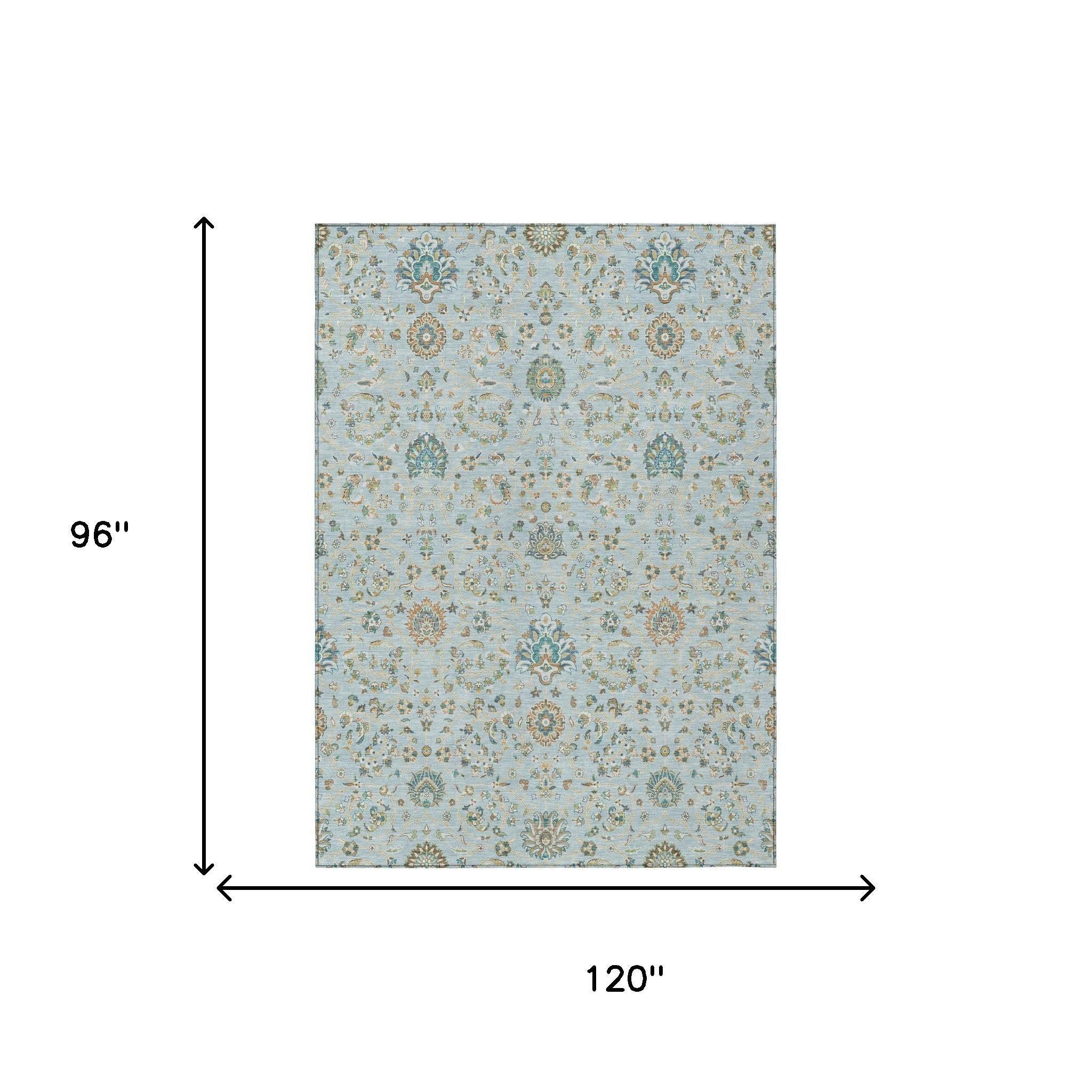 8' X 10' Sky Blue And Blue Floral Washable Indoor Outdoor Area Rug Homeroots Outdoor
