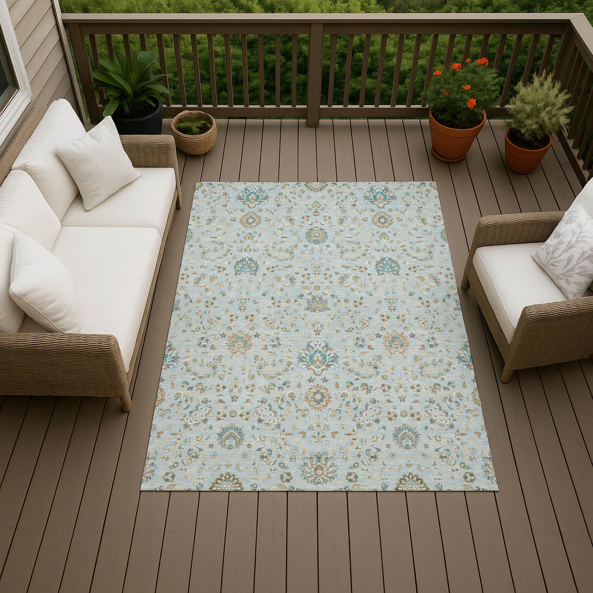 8' X 10' Sky Blue And Blue Floral Washable Indoor Outdoor Area Rug Homeroots Outdoor