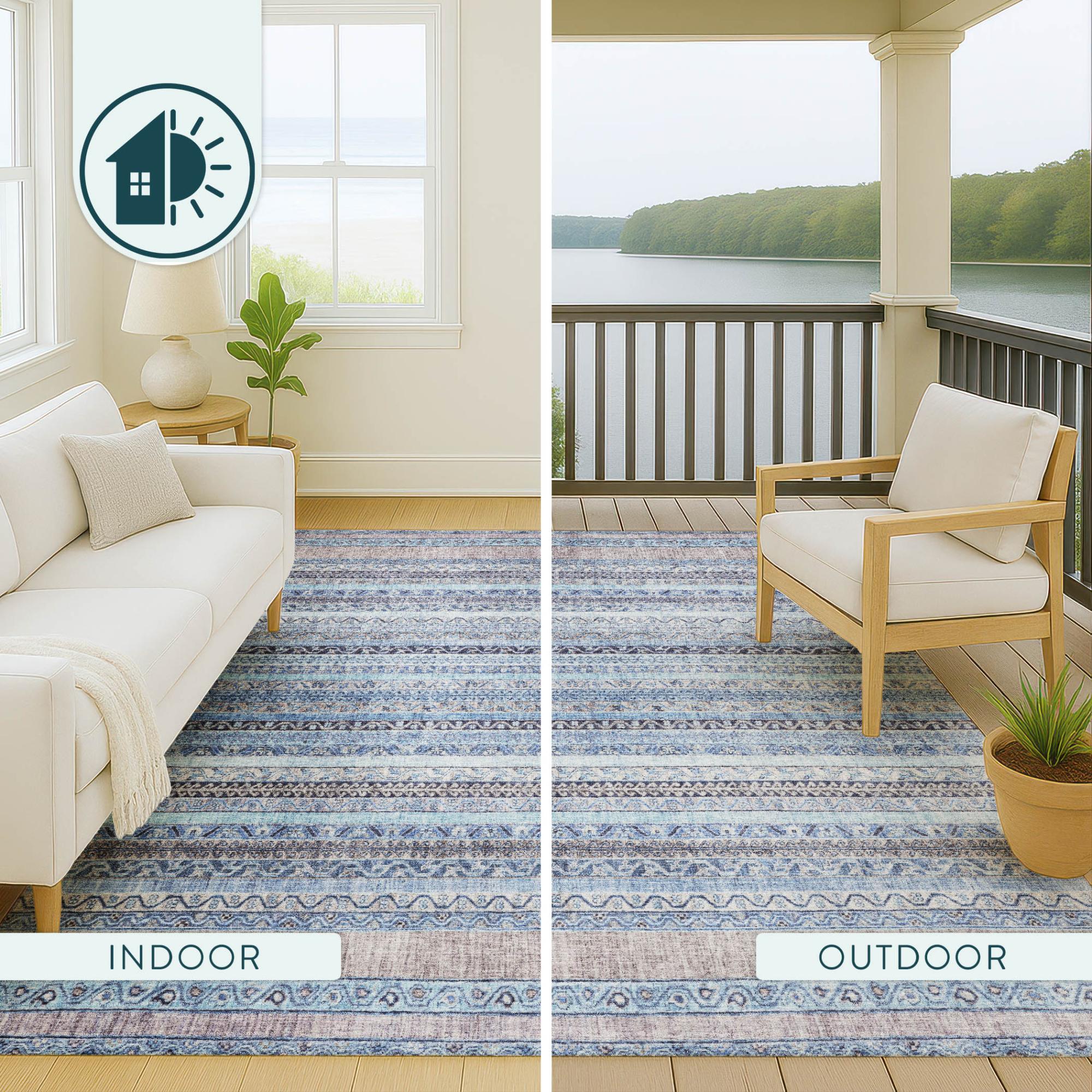 8' X 10' Sky Blue And Blue Striped Washable Indoor Outdoor Area Rug Homeroots Outdoor