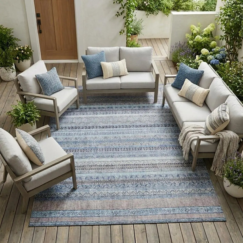 8' X 10' Sky Blue And Blue Striped Washable Indoor Outdoor Area Rug Homeroots Outdoor