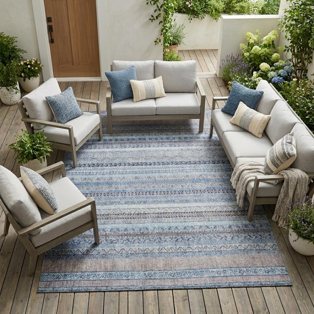 8' X 10' Sky Blue And Blue Striped Washable Indoor Outdoor Area Rug Homeroots Outdoor