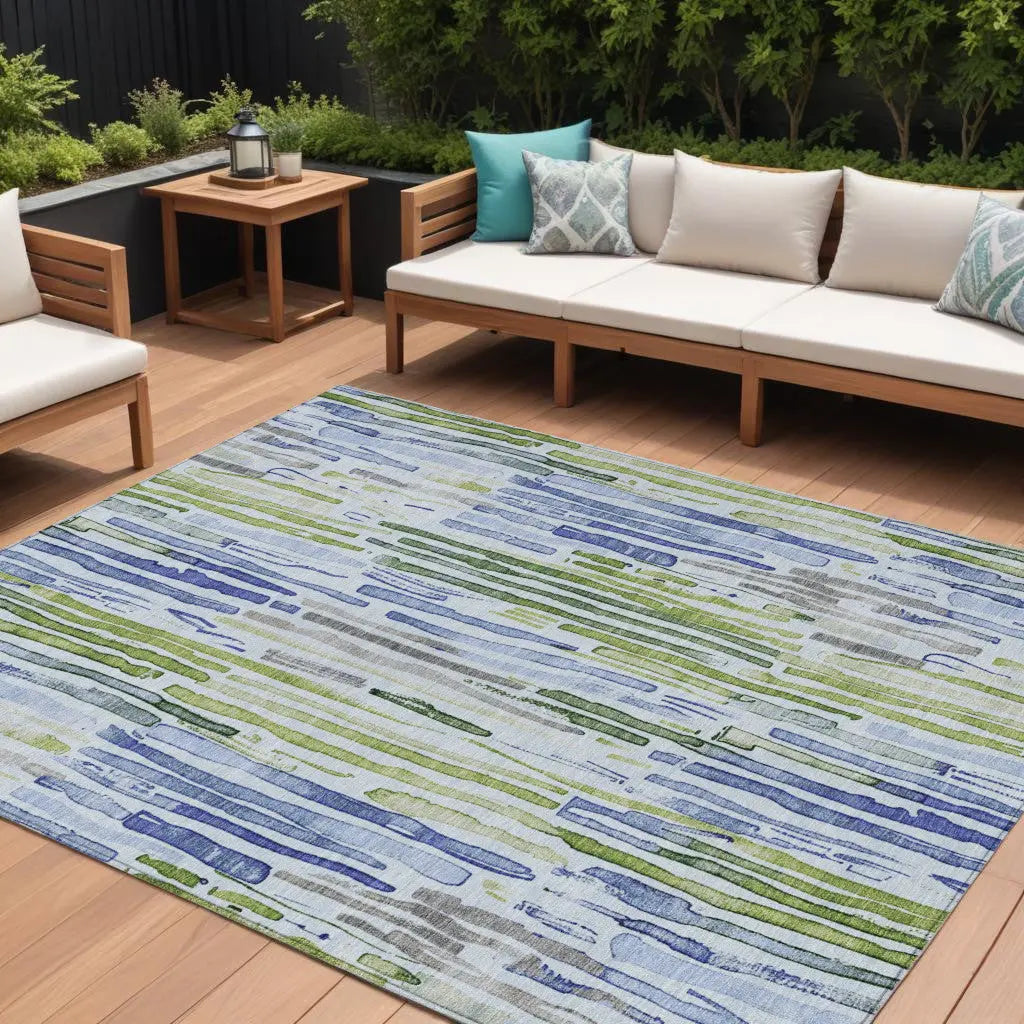 8' X 10' Sky Blue And Fern Green Striped Washable Indoor Outdoor Area Rug Homeroots Outdoor