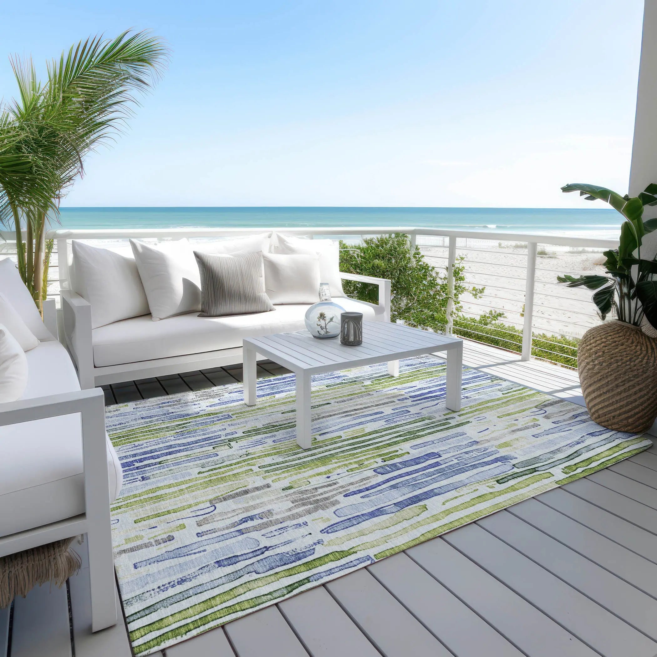 8' X 10' Sky Blue And Fern Green Striped Washable Indoor Outdoor Area Rug Homeroots Outdoor