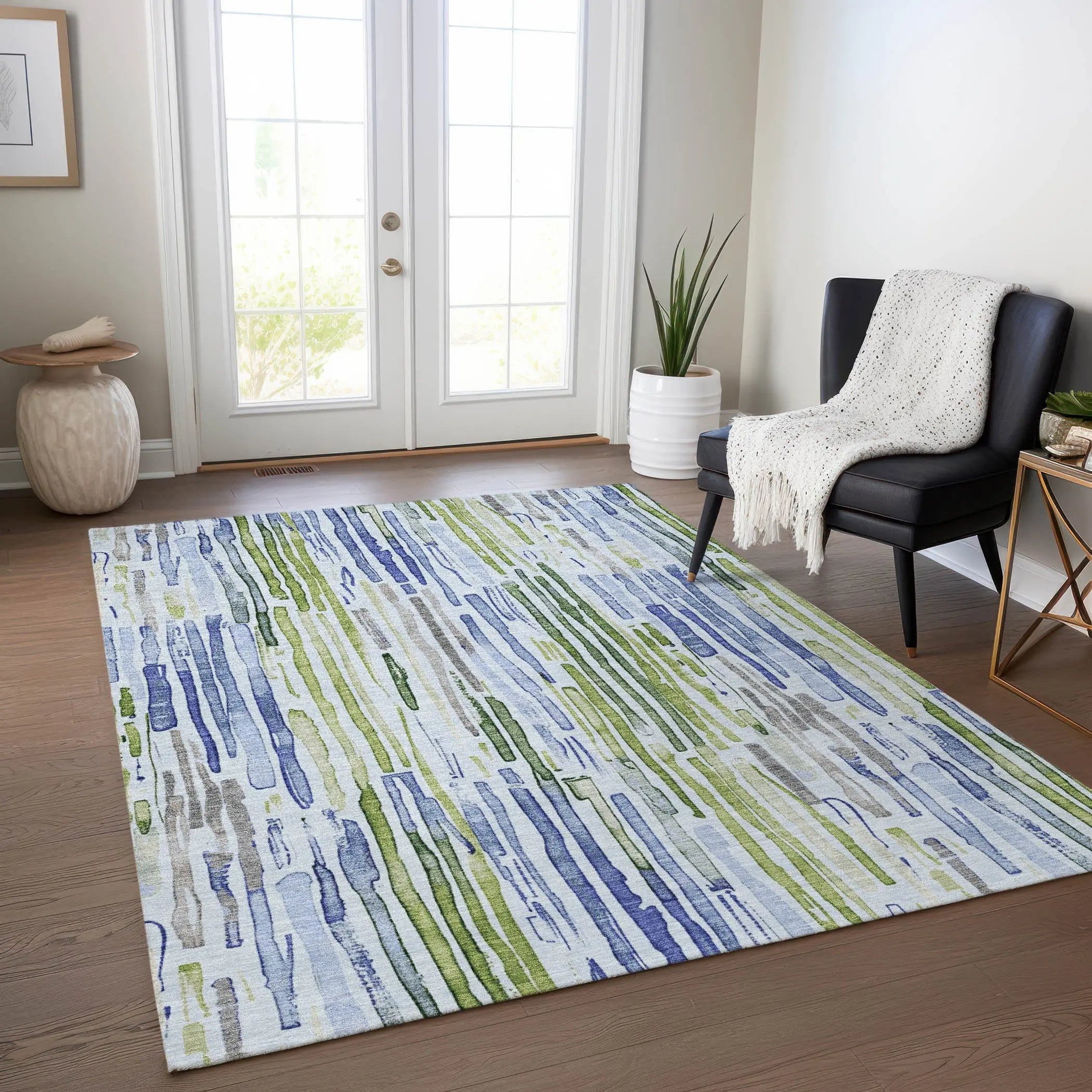 8' X 10' Sky Blue And Fern Green Striped Washable Indoor Outdoor Area Rug Homeroots Outdoor