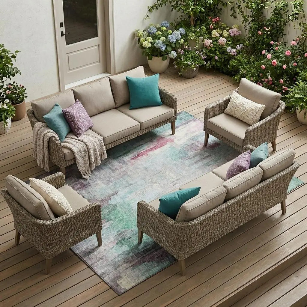 8' X 10' Sky Blue And Mauve Abstract Washable Indoor Outdoor Area Rug Homeroots Outdoor