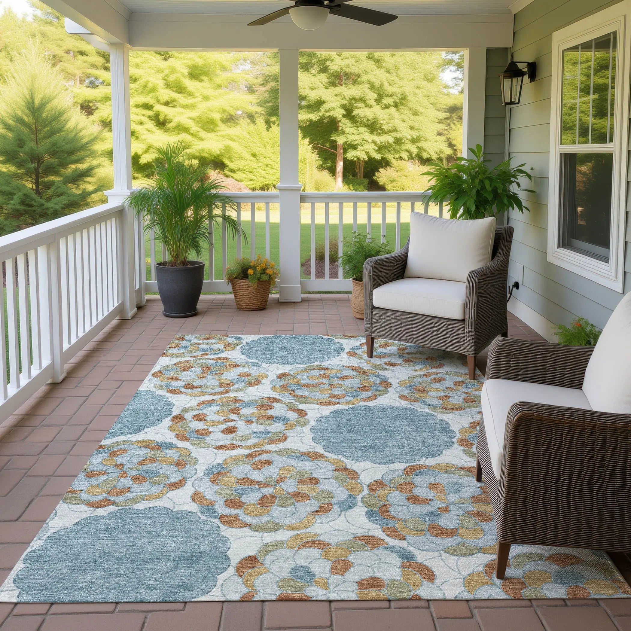 8' X 10' Sky Blue And Orange Floral Washable Indoor Outdoor Area Rug Homeroots Outdoor