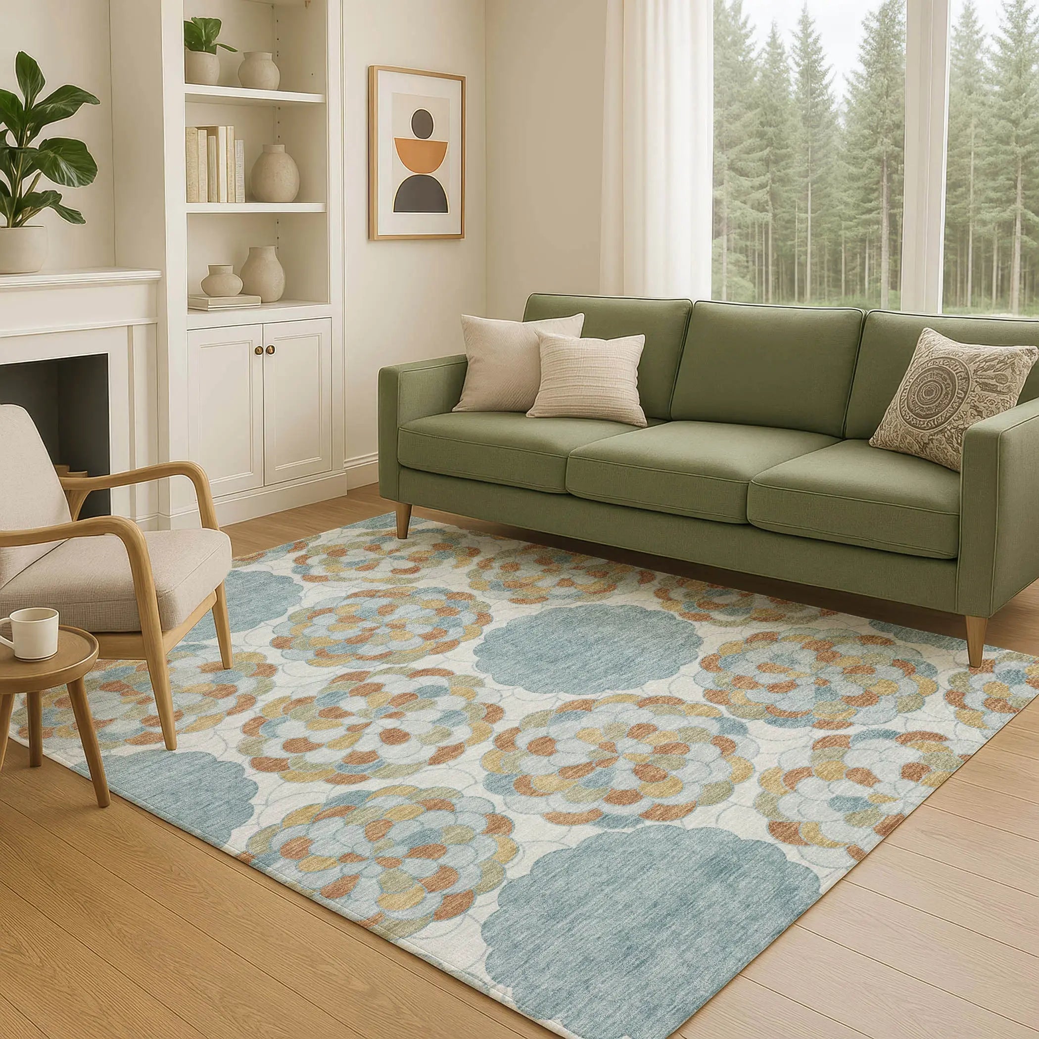 8' X 10' Sky Blue And Orange Floral Washable Indoor Outdoor Area Rug Homeroots Outdoor